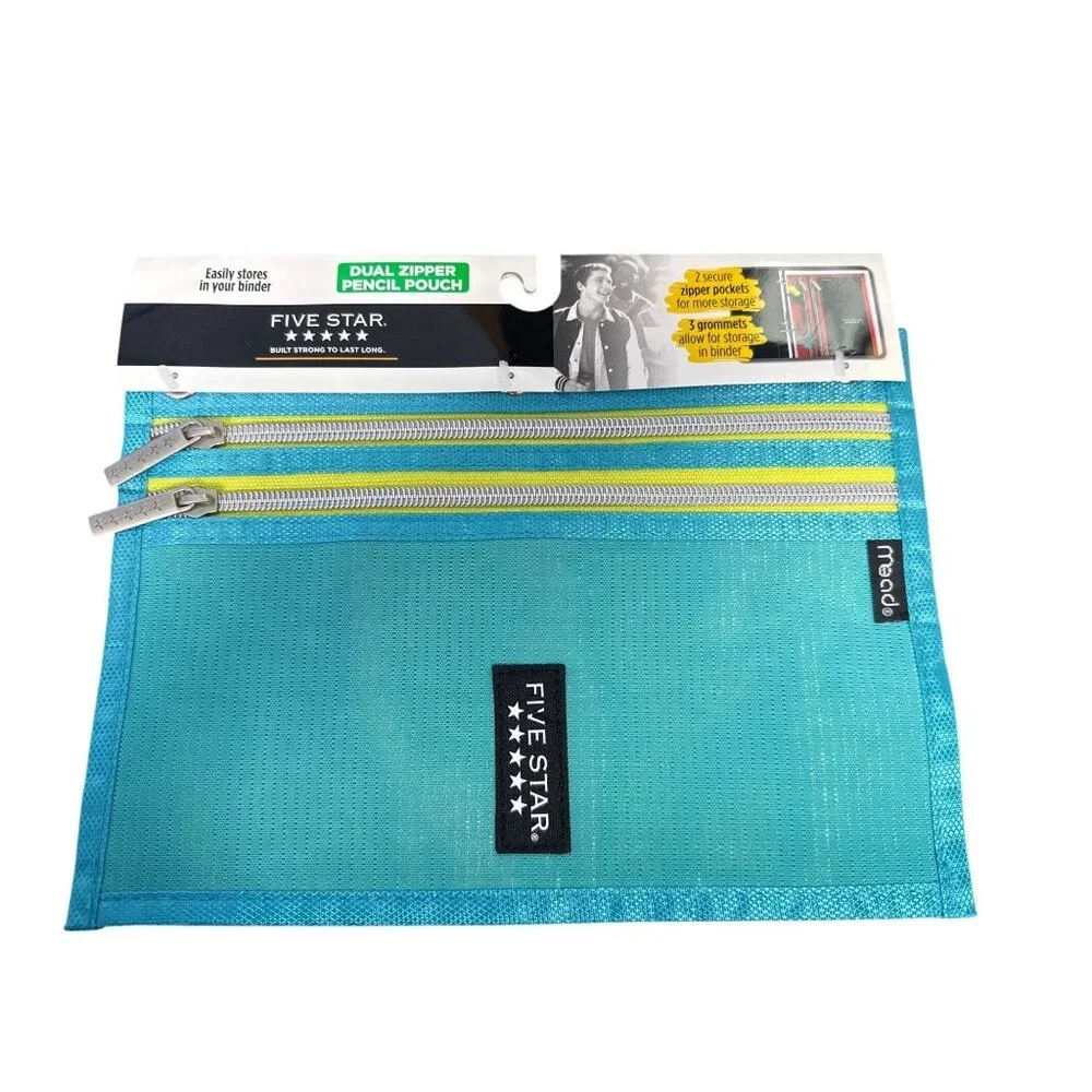 Five Star Dual Zipper Pencil Pouch With Binder Grommets - Blue & Green